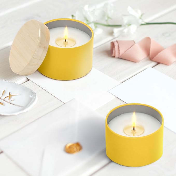 Honeydak 36 Pcs 4oz Yellow Candle Jars Bulk Candle Tins Small Empty Containers with Metal Wood Grain Printing Lids for Making DIY Jars Storage Wedding Gifts