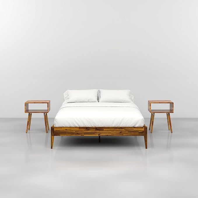 Bme Dinkee Wooden Queen Bed Frame, 15 Inch Height, Elegant Minimalist Modern Design with Japanese Joinery, Durable Wood Slats for Reliable Support, No Box Spring Required, Caramel