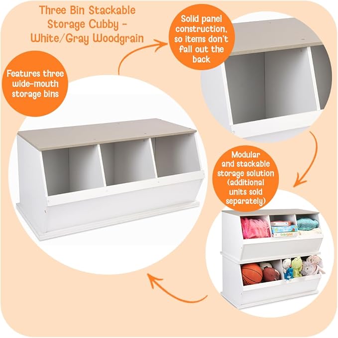 Badger Basket Three Bin Stackable Toy Storage Cubby Organizer - Expandable Modular Storage for Toys & Crafts - White/Gray Woodgrain