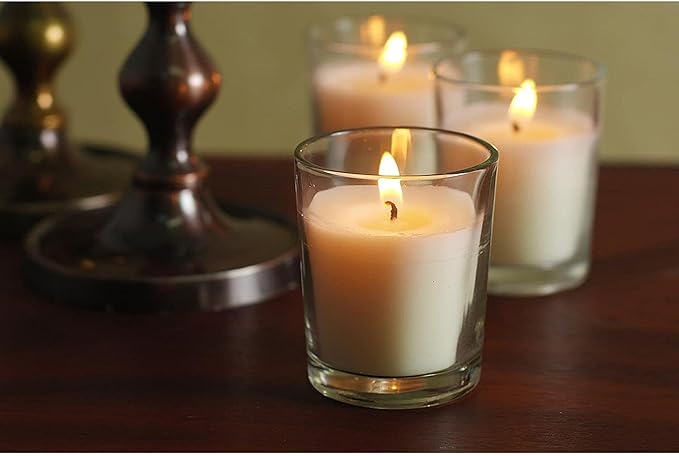 Hosley 20-Pack Ivory Unscented Votive Candles in Clear Glass Holders Hand Poured Wax for Timeless Elegance and Versatile Décor Illuminate Every Moment