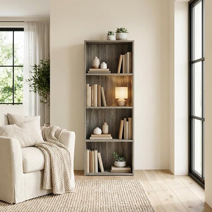 Furnifact French Oak 4-Tier Open Shelf Bookcase with Modern Design, Sturdy Wooden Construction, Multi-Functional Storage Solution for Living Room or Office
