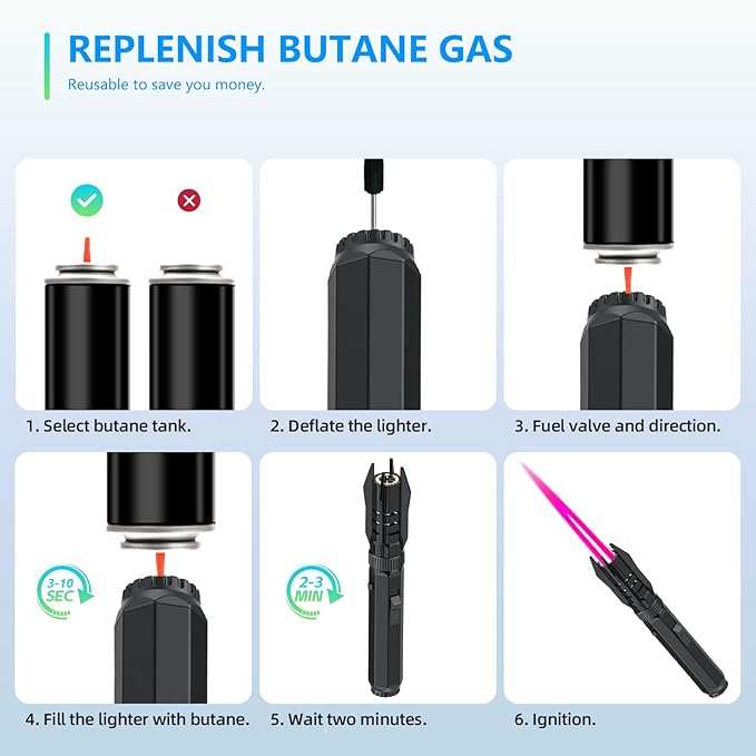 Large Torch Lighter, Camping Windproof Refillable Butane Lighters, Jet Flame Straight Flame Bright Fire Adjustable Color for Survival Candle Hiking Fireplace Kitchen Home Party BBQ (Without Fuel)