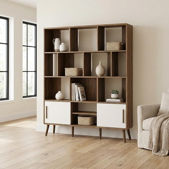 Furnifact Walnut Linen Bookcase with Sliding Doors, 59-Inch Tall Storage Cabinet, Modern Design, Durable Construction, Stylish Home and Office Organization