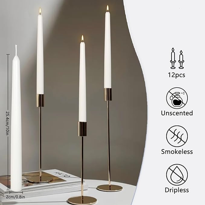 12Pack 10inch White Taper Candles- Dripless, Smokeless and Unscented candle-Long burning 8-9 Hours for home décor, Candlesticks, Dinner Table, Halloween,Vigil, Advent, Christmas, Thanksgiving, Kwanzaa