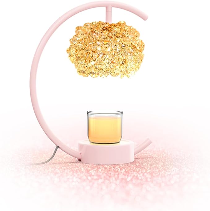 Yeuslor Pink Candle Warmer Lamp for Jar Candles with Adjustable Brightness＆Timer，Handcrafted Crystal＆Wooden Base,Candle Lamp Luxurious Design+2Bulbs,Home Decoration Electric Candle lamp(C-Shaped)
