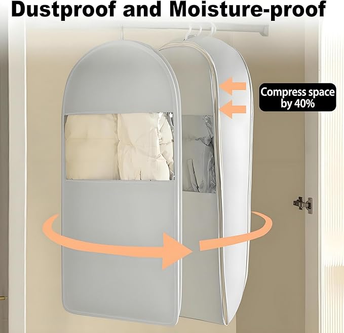 Space Saving Hanging Garment Bag with Self Compression Zipper, 2025 New Space Saver Clothes Storage Organizer, Dust Cover Clothes Bags for Down Coat Suit Dress or Jacket (Gray, L)