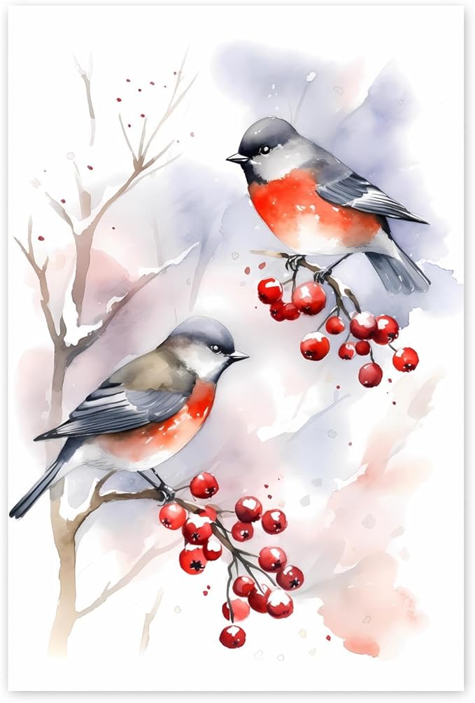 GUAIEUW Red Fruit Red Bird Diamond Painting Kit for Adults, Full Round Diamond Cardinal Bird 5D Diamond Painting DIY Art Crafts for Winter Home Wall Decor Holiday Gift 12x16 Inch