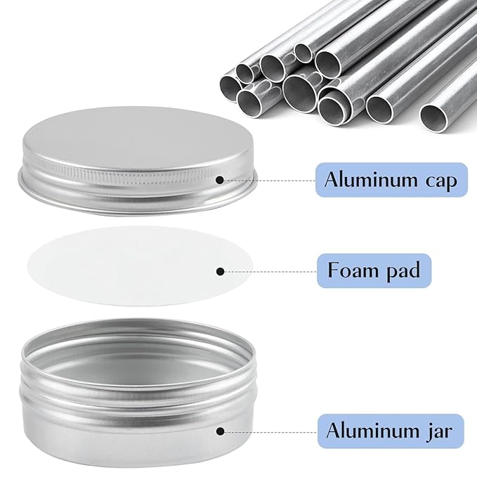 TUZAZO 48Pack 2 Oz Aluminum Tin Cans with Screw Lid and Labels, Refillable Travel Sized Cosmetic Containers Small Tins for Salves, Lotion Bars, Beard Balms, Candles