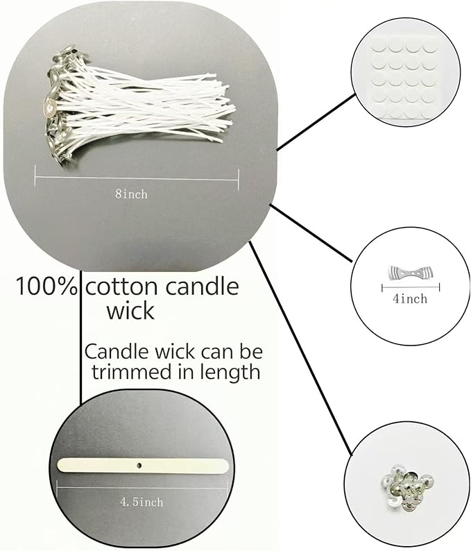 100Pcs Candle Wicks 8 Inch,100pcs Candle Wick Stickers,Candle Wick Centering Device,20 Pcs Metal Sustainer Tabs,5pcs Candle Wick Holder Materiales para Hacer Velas