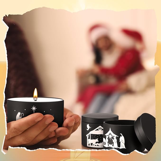 Willinglong 10 Pack Jesus Advent Candle Tins 4 oz Nativity Theme Empty Candle Jars with Lids Black for Making Candles DIY Christmas Catholic Christian Church Gift, Exquisitely Packaged