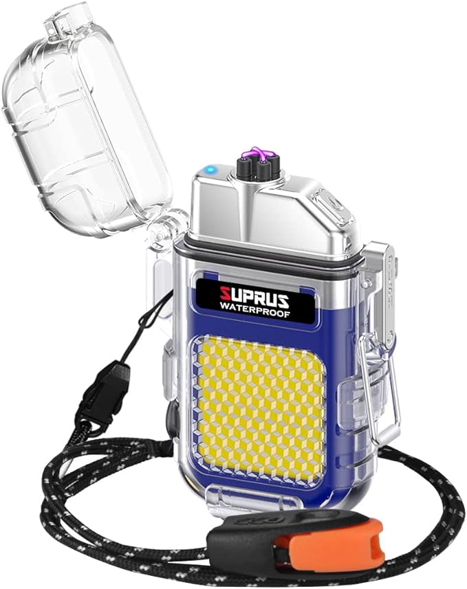 SUPRUS Waterproof 3 Modes of Flashlight Windproof Lighter Dual Arc Electric Rechargeable Dual Arc Plasma Lighter with Survival Emergency Whistle and Lanyard (Blue)