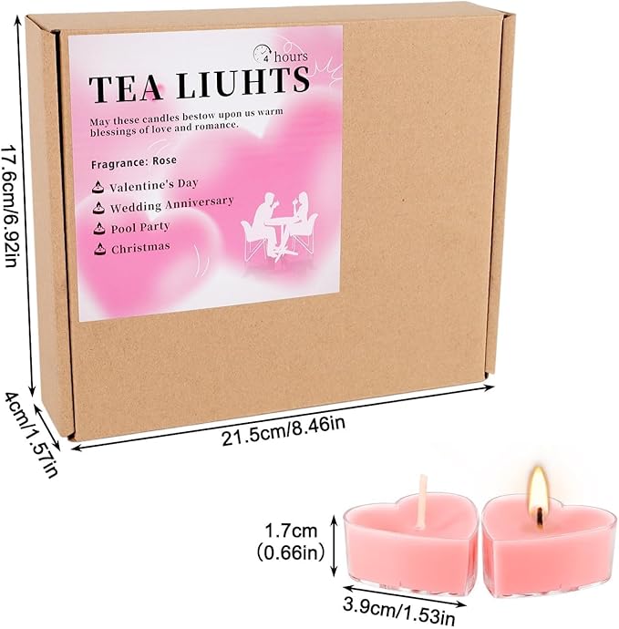 50-Pack Pink Heart Tea Wax (4-Hour Burn) - Rose-Scented Candles for Valentine's Day, Anniversaries, Weeding,Pool Parties & Romantic Decor & Special Occasions.