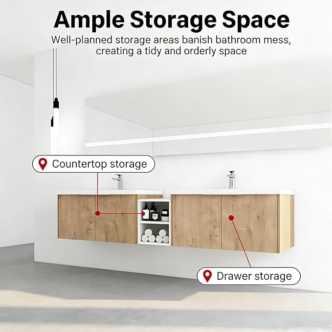 68IN Bathroom Vanity with Double Sink, Modern Solid Wood Floating Bathroom Sink Cabinet, Anti-Fog Mirror, Smart Storage Solutions, Waterproof Design, Open Shelving for Easy Access