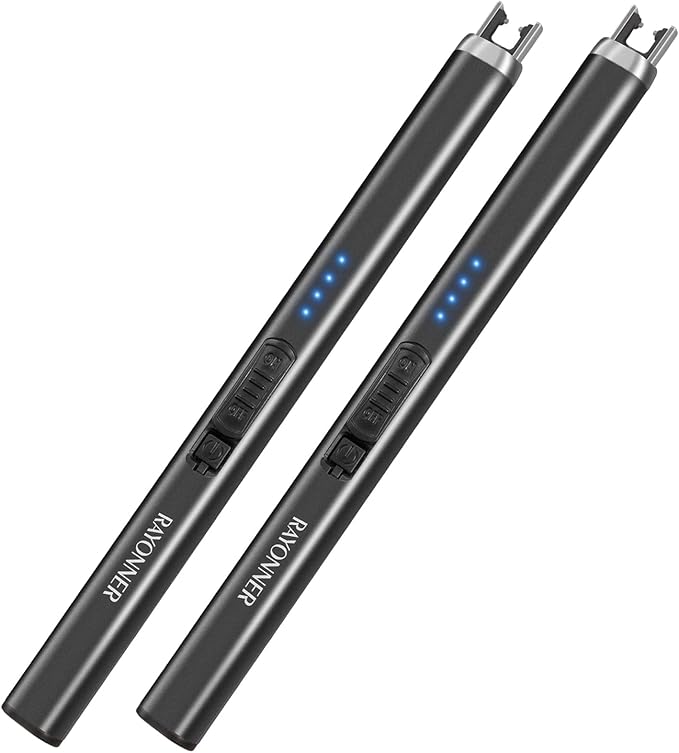 RAYONNER Rechargeable Electric Candle Lighter Windproof Plasma Arc Lighter for Deep Jars BBQ Camping Flameless Fire Starter Christmas Stocking Stuffers Gift (2 Pack - Black)