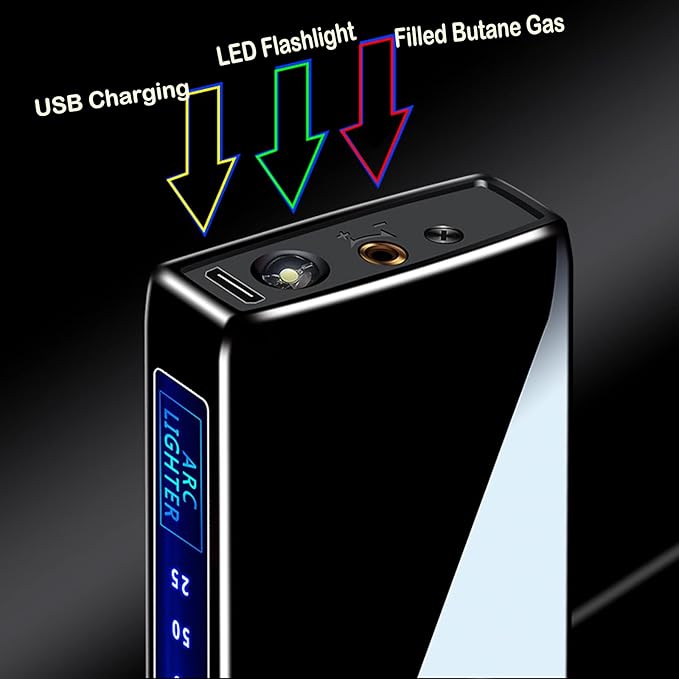 Arc Electric and Refillable Butane Jet Flame Torch Lighter 2 in 1, USB Rechargeable with LED Lighting Windproof for Fire, BBQs, Fireworks, Candle, Camping, Outdoor (Black Ice)