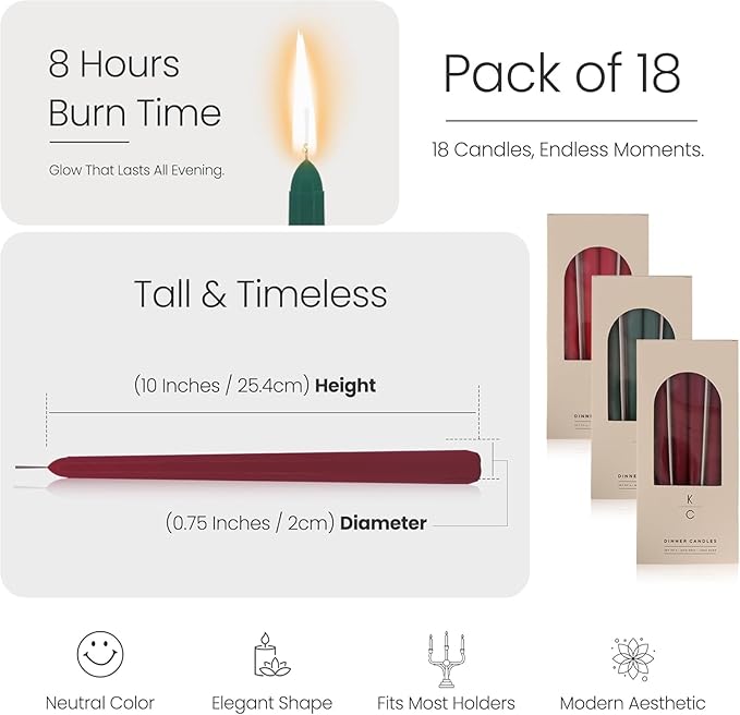 Tapered Dinner Candles - Soy & Paraffin Blend, Dinner Candles with Long-Lasting 7-Hour Burn for Stylish Homes -Candle in Curated Colors Ideal Gift for Hosts, Brides & Event Planners-Red Green Merlot