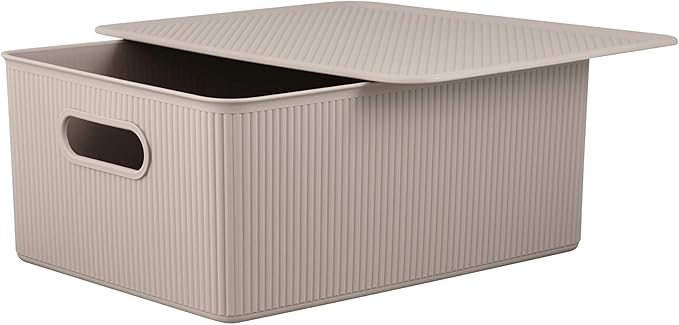 Superio Ribbed Collection - Superio Lid for Decorative Plastic Basket Open Home Storage Bins Organizer Baskets, Large Taupe - for Organizing Closet Storage Bins for Shelves Drawer Shelf 15/22 Liter