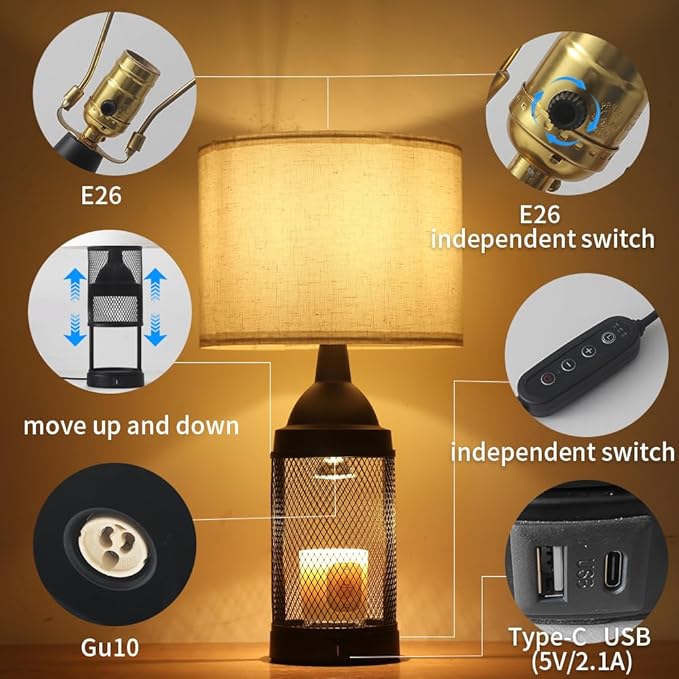 Electric Candle Warmer Lamp Dlack,24H Cycle Timer, Dimmable, Dual Charging Port, Wax Melt Warmer with 2 Bulbs,Country Lamps for Bedroom Nightstand with USB&Type-C Ports, Gifts Christmas Birthday (2)