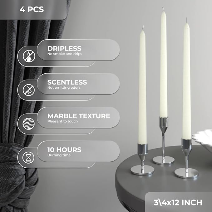 CANDWAX Ivory Taper Candles 10 inch Dripless - Set of 4 Tapered Candles - Smokeless and Unscented Taper Candlesticks Long Burning - Hand Poured Tall Candle Sticks