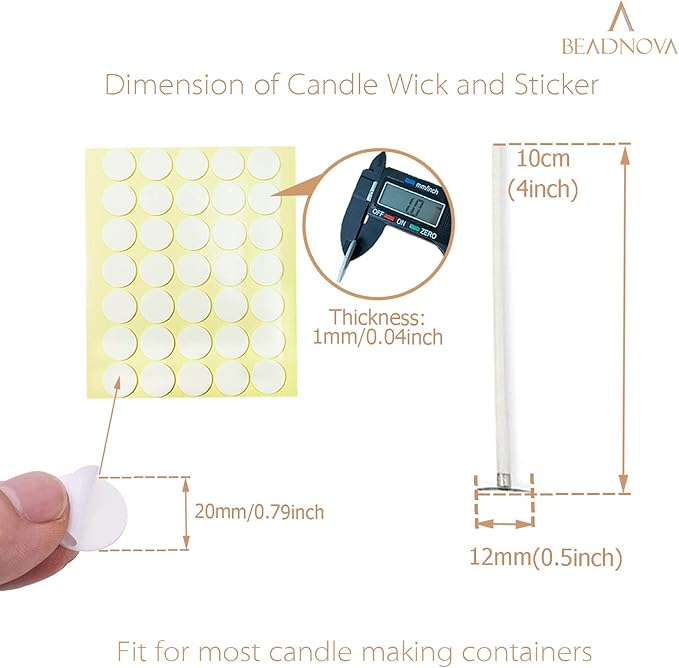BEADNOVA Candle Cotton Wicks 4 Inch 50pcs with Stickers Short Candle Making Wicks and Double Sided Stickers for Making DIY