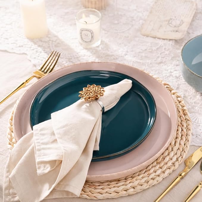 AmorArc Ceramic Dinnerware Sets for 4, 12 Pieces Handpainted Plates and Bowls Set with Rustic Terracotta Underside, Scratch Resistant Stoneware Dishes Set, Dishwasher & Microwave Safe, Multi-Color