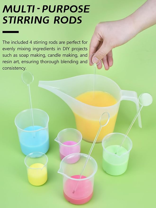Artcome Funnel Pitcher Set - 4 Pack, 1000ml Plastic Measuring Pitchers with Funnels, 4 Stirring Rods, and 15 Small Measuring Cups for Soap Making, Resin Casting, Baking, and DIY Crafts