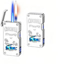 Smart Butane Lighter with 5 Ignition Methods, Voice-Activated Dual Flame Lighter with Windproof Blue Torch and Soft Flame Options, Rechargeable and Refillable Lighters (Without Fuel) (Silver)