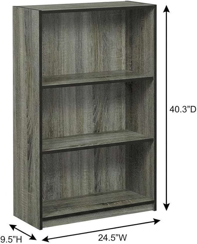 Furnifact French Oak Grey 3-Tier Adjustable Shelf Bookcase with Wooden Shelves, Modern Storage Solution for Home Office or Living Room
