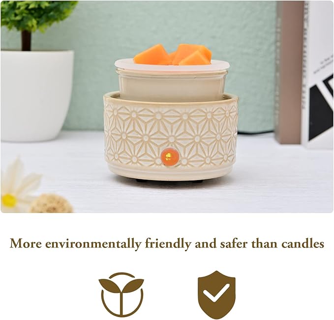 ASAWASA Candle Wax Melt Warmer with 1 pc Silicone Liner,Ceramic Wax Warmer,3-in-1 Candle Wax Melter and Fragrance Warmer for Warming(White Hexagon Pattern)