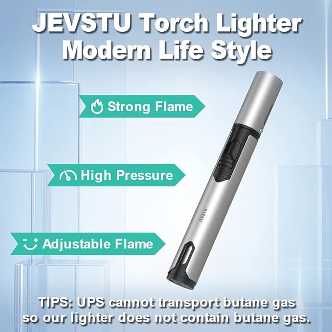 Torch Lighter, Butane Lighter 6.0in Long with Fuel Level Window, Windproof Pen Adjustable Jet Flame for Grill Candle Kitchen Fireplace Camping BBQ, Men Gifts, Silver. (Gas not Included)