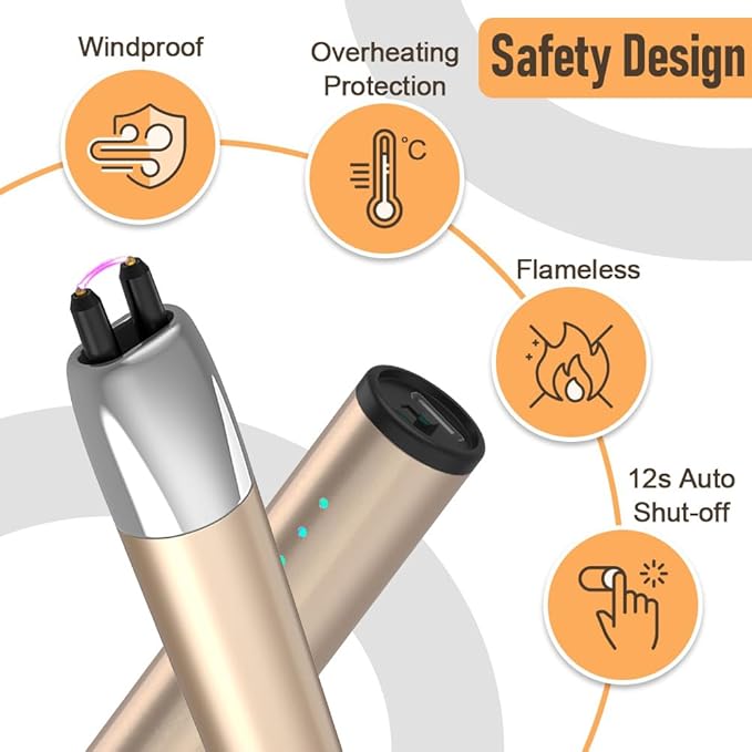 Candle Lighter, Electric Rechargeable USB Arc Windproof Flameless Plasma Lighter Long Stick with Rope and Ring, No Butane Fluid, Perfect for Candle BBQ Camping Kitchen Stove, Gold