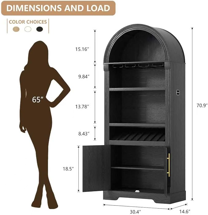 Vlsrka 71" Tall Arched Kitchen Pantry Cabinets, Wood Kitchen Storage Cabinets/Arched Bookshelf/Bookcase,China Cabinet with Open & Adjustable Shelves, Induction LED Light (Black A)