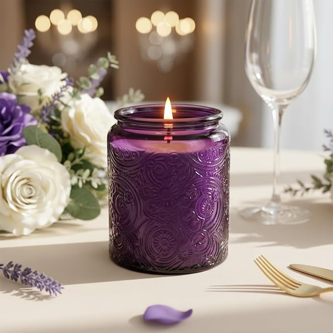 Art Secret 9-Pack 8oz Embossed Glass Candle Jars with Lids and Labels - Sun Moon Stars Design (Purple)