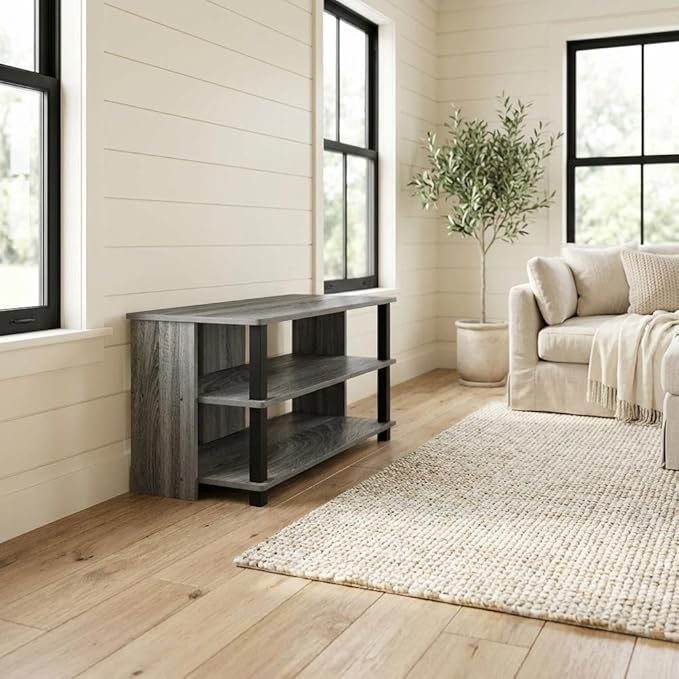 Furnifact French Oak Grey/Black Sully 3-Tier TV Stand for Up to 40-Inch TVs, Elegant Wooden Construction, Spacious, Modern Design, Durable Storage Solution