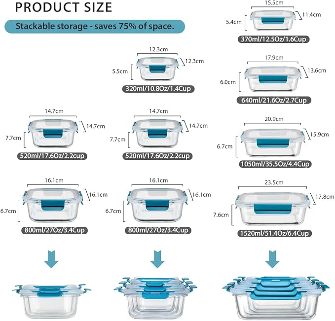 GENICOOK 9-Pack Glass Food Storage Containers with Airtight Locking Lids – Glass Meal Prep Container Set, BPA-Free, Stackable, Microwave, Oven, Freezer & Dishwasher Safe