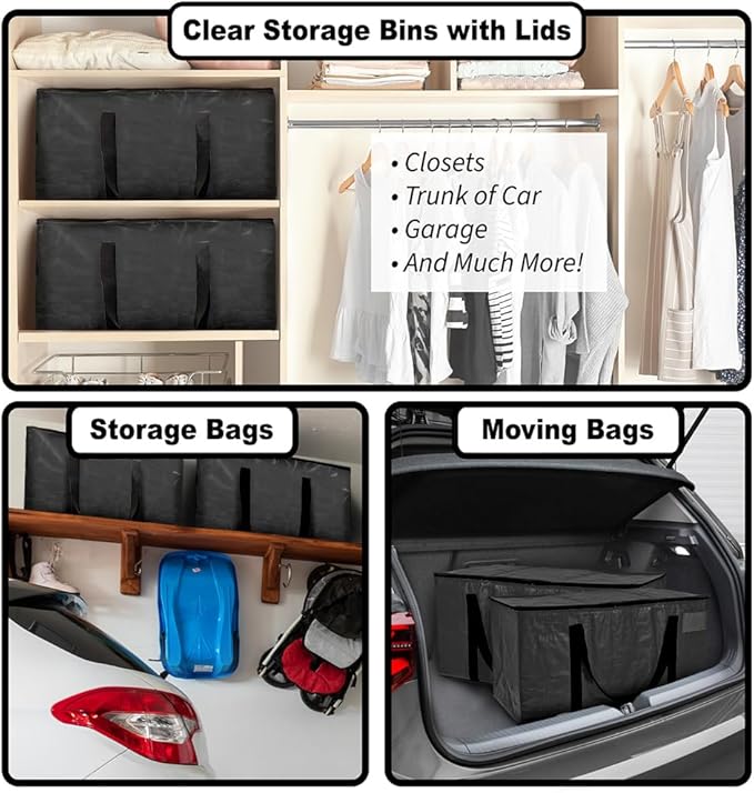 ClearSpace Oversized Moving Bags or Storage Bag – Large Moving Boxes with Backpack Straps, Zippers & Handles – Heavy-Duty Packing Bags for Moving, College Dorm, Christmas Decorations, 8 Pack