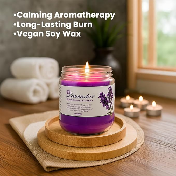 Odor Eliminating Candle Set (Lavender) - Pack of 2 (12oz) | 90 Hour Burn Time | Premium Soy Wax Candles | Eliminates 99% of Pet, Kitchen, & Smoke Odors | Eco-Friendly & Long-Lasting