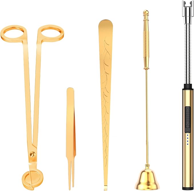 5 in 1 Candle Accessory Set,Candle Wick Trimmer Cutter,Candle Wick Dipper,Candle Wick Snuffer,Rechargeable Candle Lighter,Tweezers,Stainless Steel Candle Care Kit Home Gift for Aromatherapy