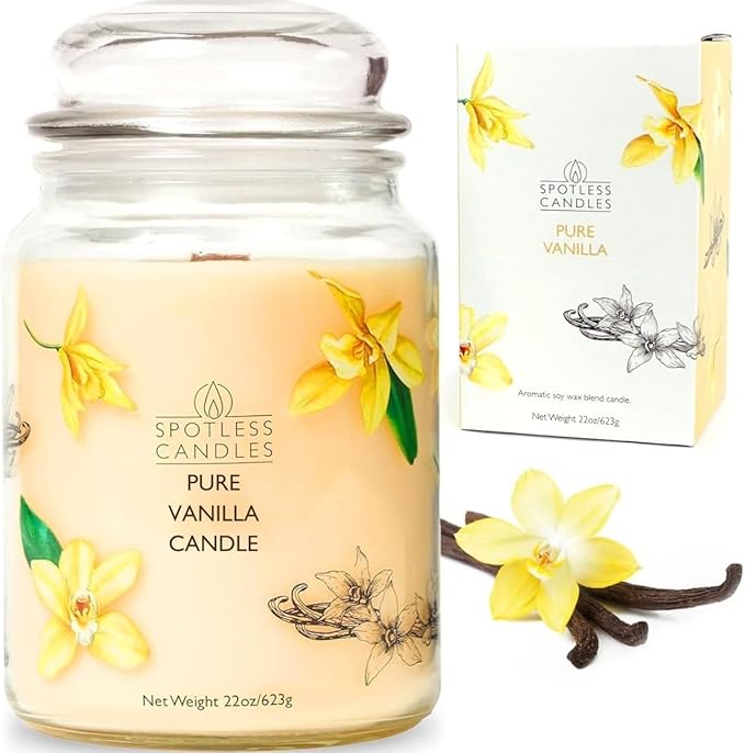 Pure Vanilla Scented Candle 22oz – 80-85 Hour Burn Time, Wooden Wick, Large Glass Jar with Lid, Warm Cozy Fragrance for Home Relaxation & Gift by Spotless Leopard