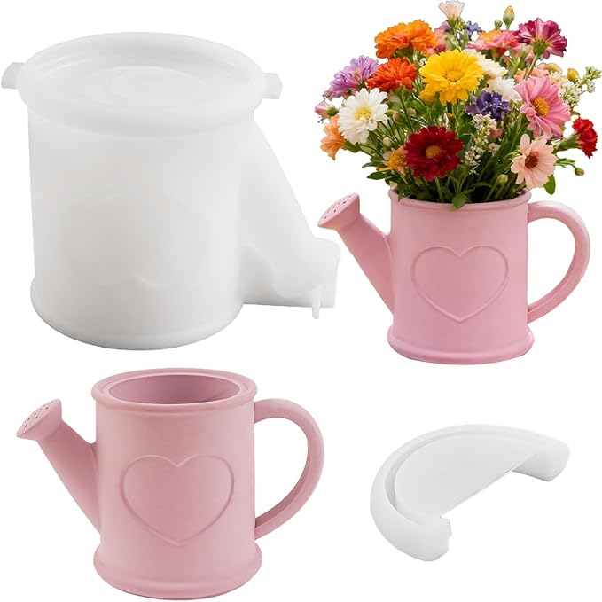 1 Pc Watering Can Shape Container Resin Silicone Mold Heart Pattern Epoxy Concrete Cement Mold for Planter Pot Candle Holder Storage Jar DIY Home Decor Craft Decorations Gifts Trinket Tray