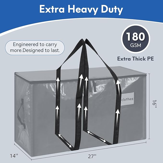 2-Pack Extra-Large Heavy-Duty Storage Totes with Reinforced Handles, Durable Zippers & Waterproof Material — Perfect for Space-Saving, Moving, Shipping and Travel (Black)