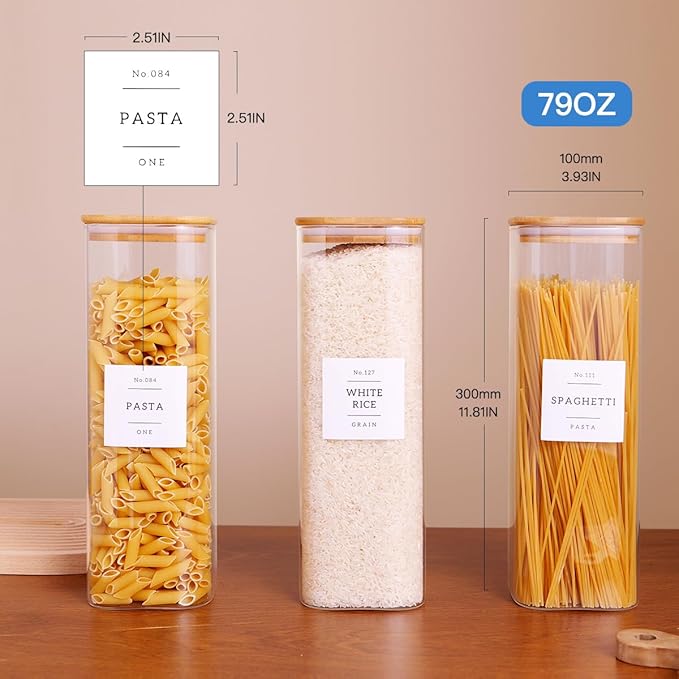 3 Pack Square Kitchen Storage Jars with Airtight Bamboo Lids and 132 Pantry Labels - 80oz Glass Canisters with Wood Lids - Food Storage Containers for Spaghetti, Pasta, Fettuccine