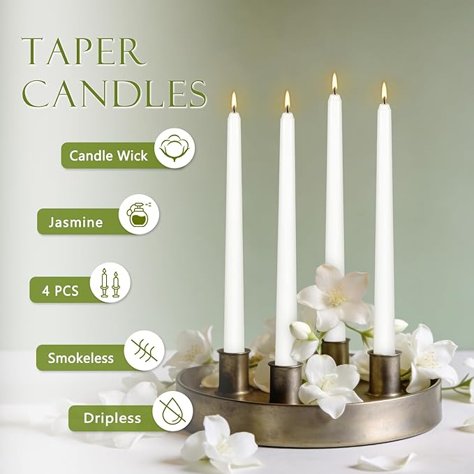 White Taper Candles, 10 Inch Dripless Candlestick, Jasmine Scented Colonial Candle, Dripless Long-Lasting Burning Candle Sticks for Home Décor, Dinner, Weddings,4Pack