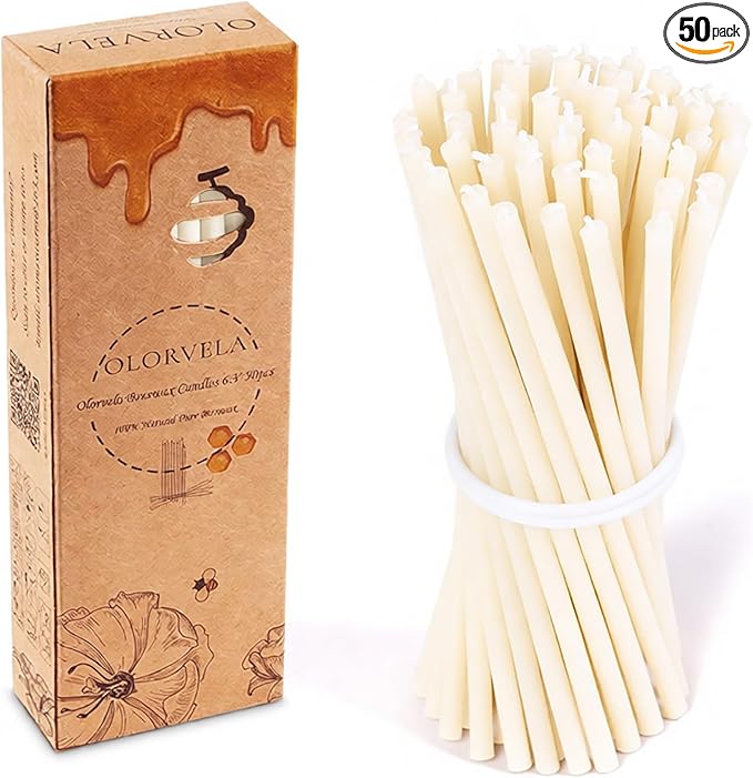 Pure Beeswax Candles, 7.3" Decorative Thin Taper Candles,Honey Scented, Dripless, Smokeless, 40min Burn Time for Birthday, Dinner, Prayer, Church, Hanukkah, Christmas (White, 50 pcs)