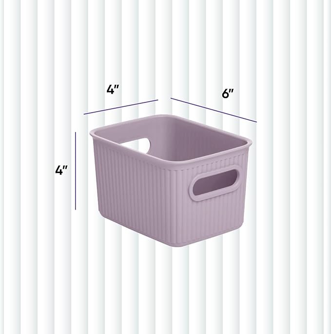 Superio Ribbed Collection - Decorative Plastic Basket Open Home Storage Bins Organizer, Small Lilac Purple (2 Pack) Container Boxes for Organizing Closet Storage Bins for Shelves 1.5 Liter