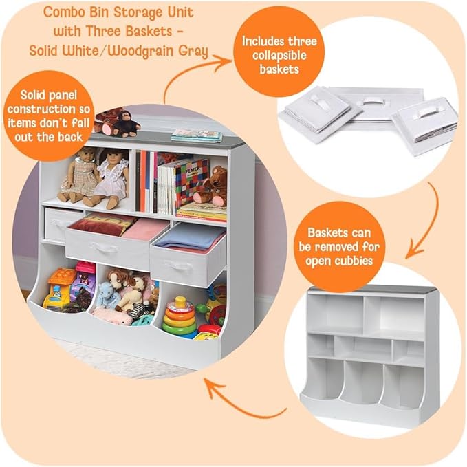 Badger Basket Combo Toy Storage Organizer and Bookshelf - Kids Storage Unit with 3 Removable Baskets, Open Shelves, Top Display Surface - White/Gray