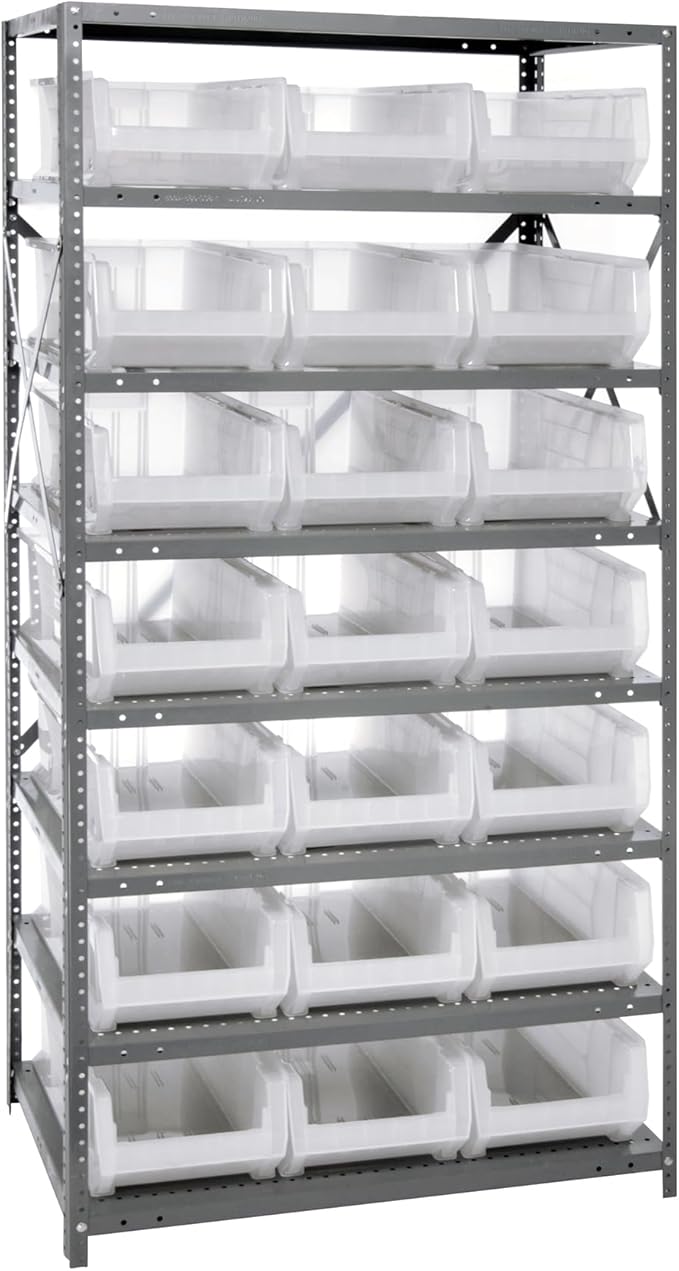 Quantum Storage Systems 2475-952CL Solid Heavy Duty 8 Shelves 21 HULK Clear Bins 75" H x 36" W x 24" D