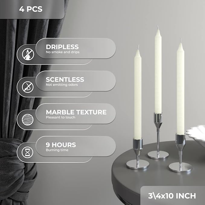 CANDWAX Ivory Taper Candles Pack of 4 - Slow Burning Dripless Unscented Straight Candles 10 inch - Ideal for Dinner Table - Smokeless Long Candlesticks