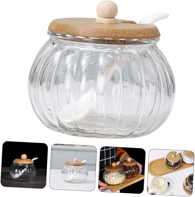 1set Glass Pumpkin Sugar Dispenser with Spoon Stylish Kitchen Storage Jar for Sugar Seasonings and Candy Easy to Clean Kitchen Essential
