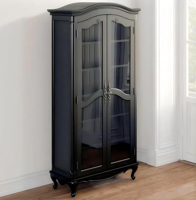 Farmhouse Arched Display Cabinet Bookcase Bookshelf with Glass Doors and Adjustable Shelves, 72" Tall 6 Tiers French Country-Inspired Wooden Curio Cabinet for Living Room, Office (Distressed Black)